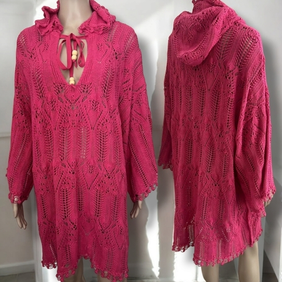 NEW FREE PEOPLE Hooded Crochet Bohemian Blouson Cover Up Mini Dress Size Small - Picture 2 of 6